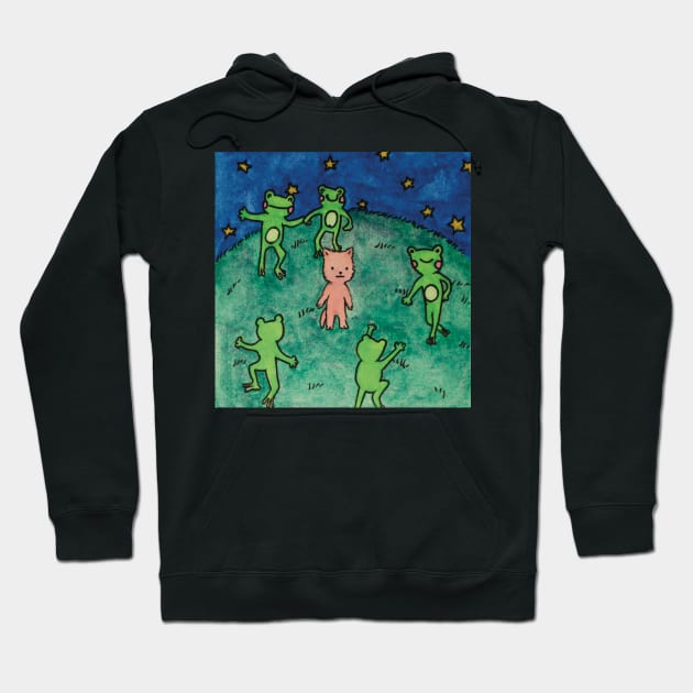 frogs dancing around a cat cottagecore meme watercolor illustration Hoodie by maoudraw